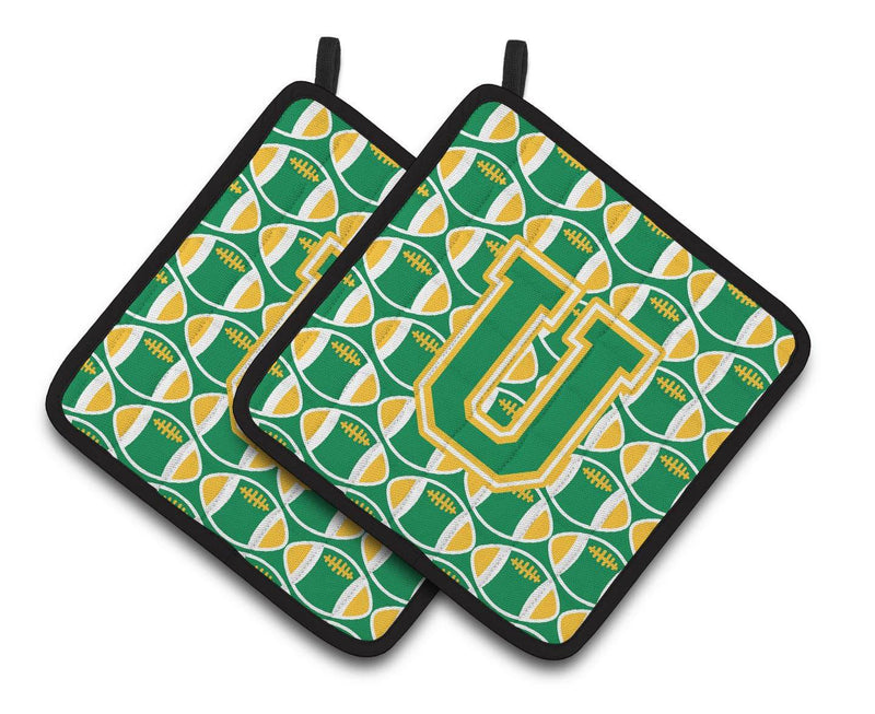 Letter U Football Green and Gold Pair of Pot Holders CJ1069-UPTHD