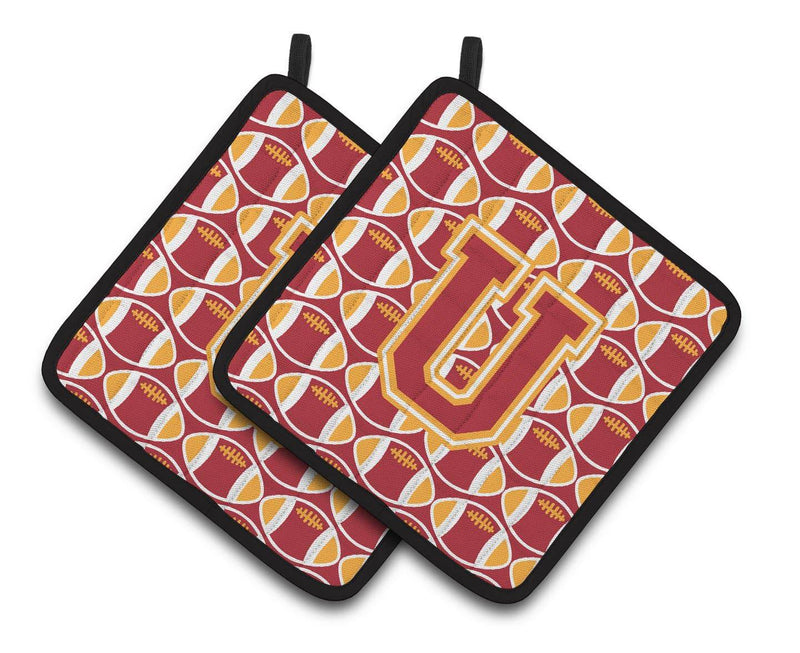 Letter U Football Cardinal and Gold Pair of Pot Holders CJ1070-UPTHD