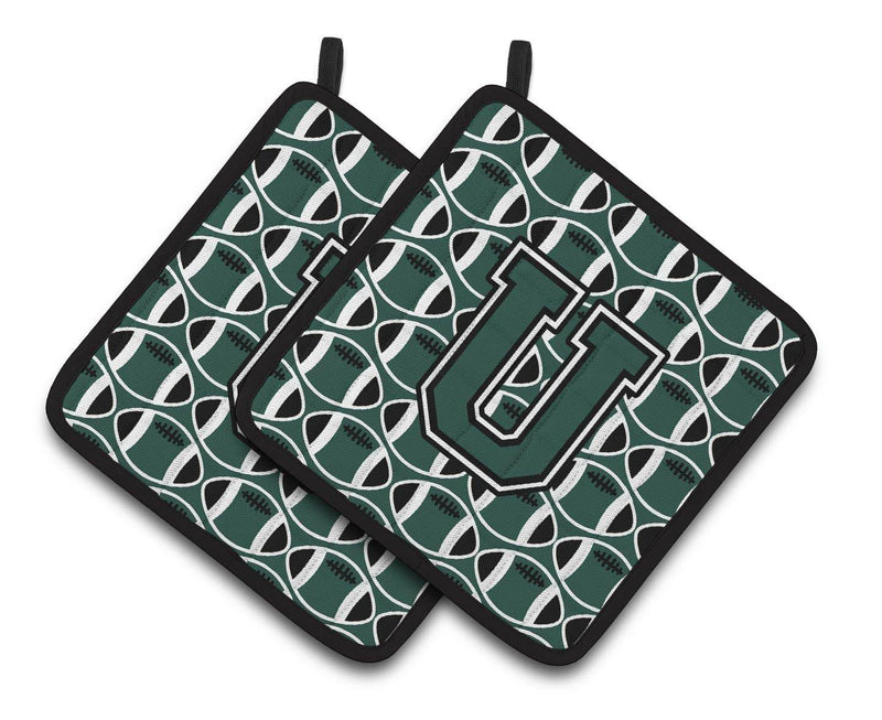 Letter U Football Green and White Pair of Pot Holders CJ1071-UPTHD