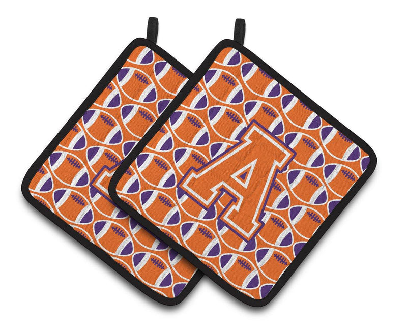 "Letter A Football Orange, White and Regalia Pair of Pot Holders CJ1072-APTHD"