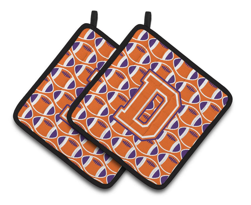 "Letter D Football Orange, White and Regalia Pair of Pot Holders CJ1072-DPTHD"