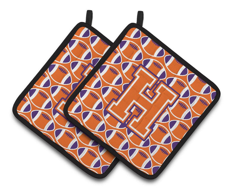 "Letter H Football Orange, White and Regalia Pair of Pot Holders CJ1072-HPTHD"