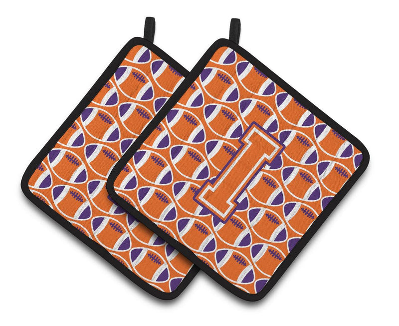 "Letter I Football Orange, White and Regalia Pair of Pot Holders CJ1072-IPTHD"