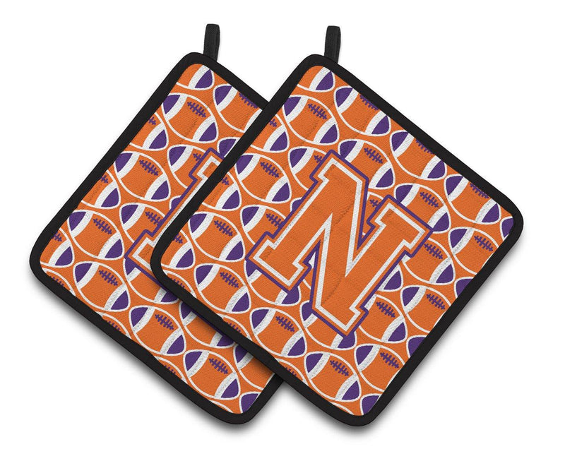 "Letter N Football Orange, White and Regalia Pair of Pot Holders CJ1072-NPTHD"