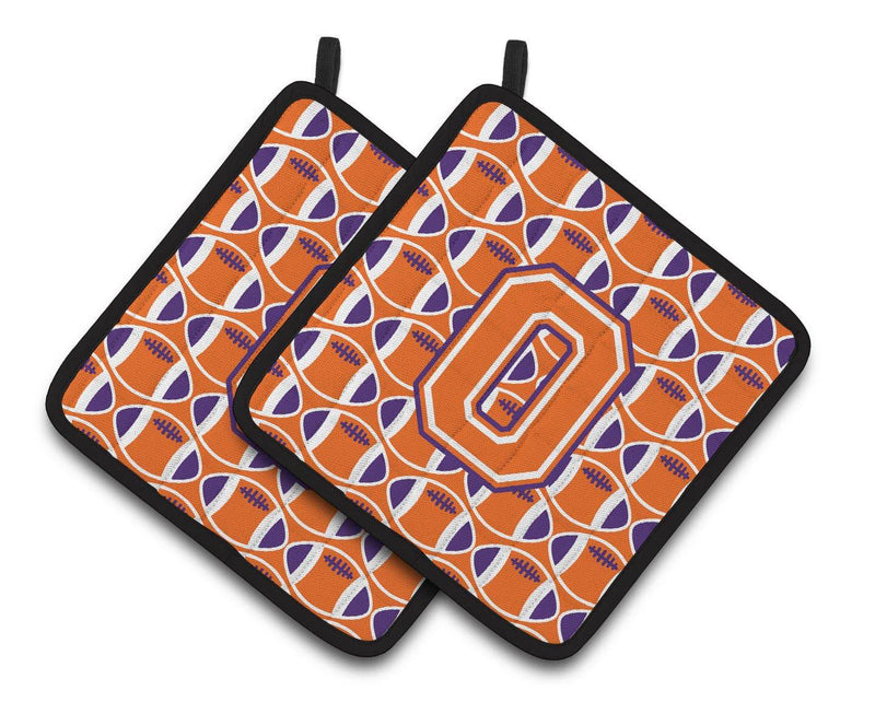 "Letter O Football Orange, White and Regalia Pair of Pot Holders CJ1072-OPTHD"