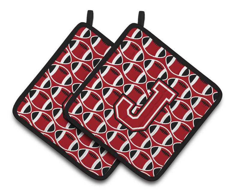 "Letter J Football Red, Black and White Pair of Pot Holders CJ1073-JPTHD"