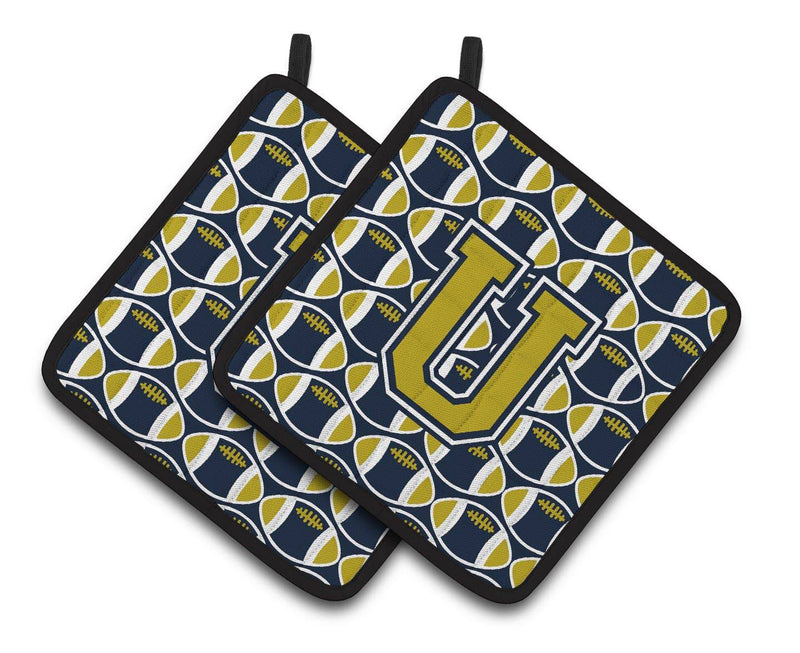 Letter U Football Blue and Gold Pair of Pot Holders CJ1074-UPTHD