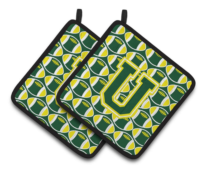 Letter U Football Green and Yellow Pair of Pot Holders CJ1075-UPTHD