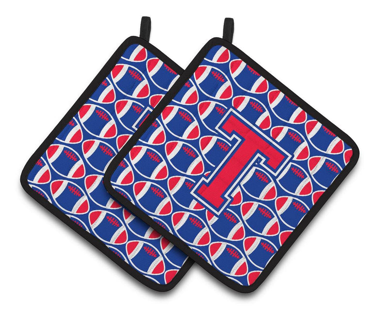 Letter T Football Harvard Crimson and Yale Blue Pair of Pot Holders CJ1076-TPTHD