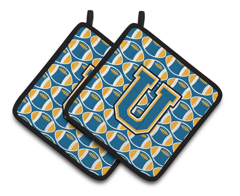 Letter U Football Blue and Gold Pair of Pot Holders CJ1077-UPTHD