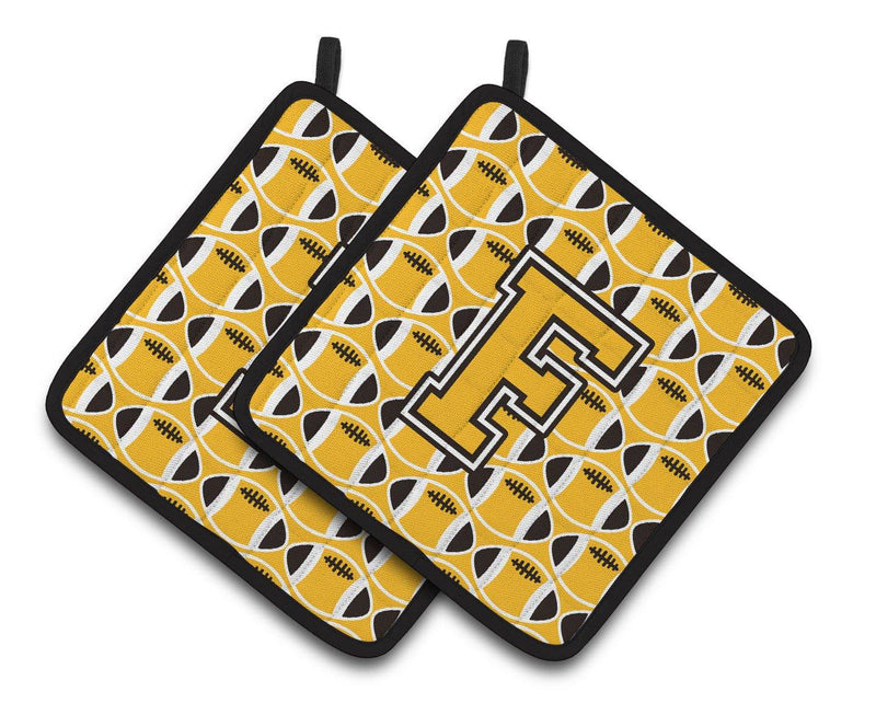 "Letter F Football Black, Old Gold and White Pair of Pot Holders CJ1080-FPTHD"