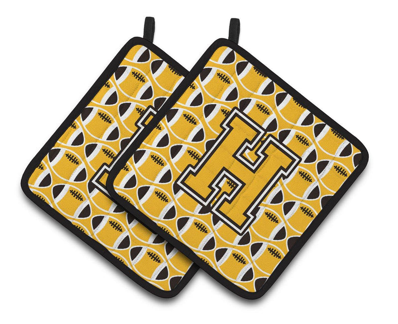 "Letter H Football Black, Old Gold and White Pair of Pot Holders CJ1080-HPTHD"