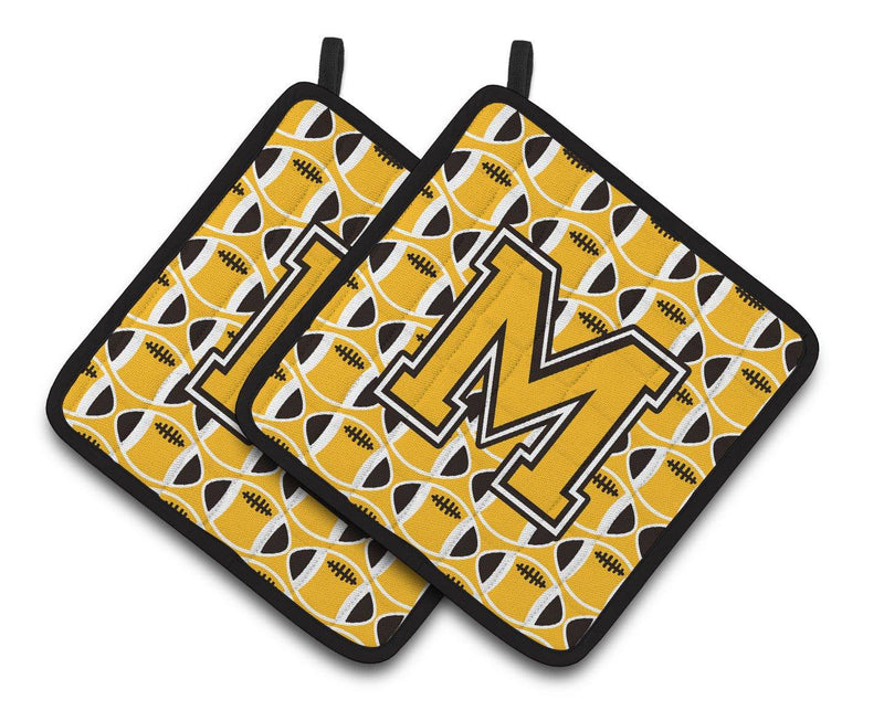 "Letter M Football Black, Old Gold and White Pair of Pot Holders CJ1080-MPTHD"