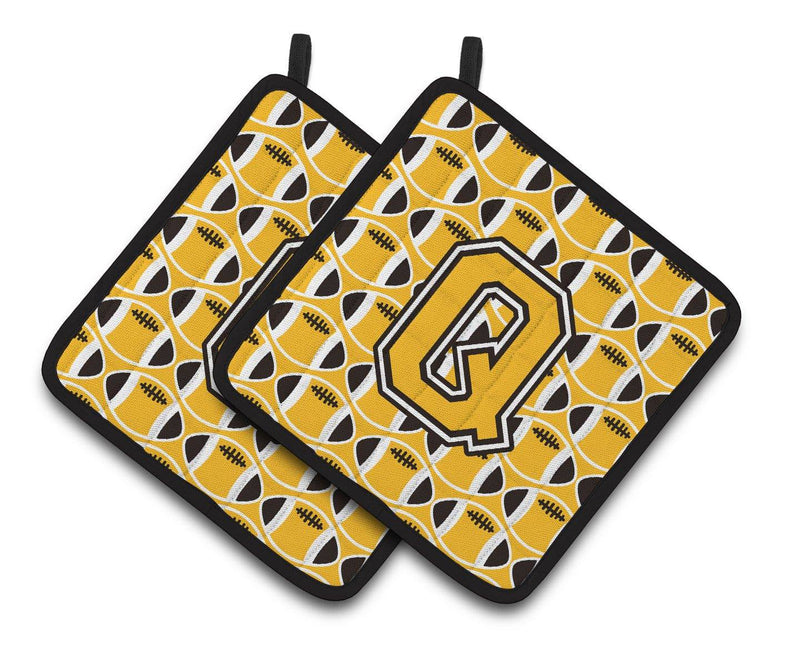 "Letter Q Football Black, Old Gold and White Pair of Pot Holders CJ1080-QPTHD"