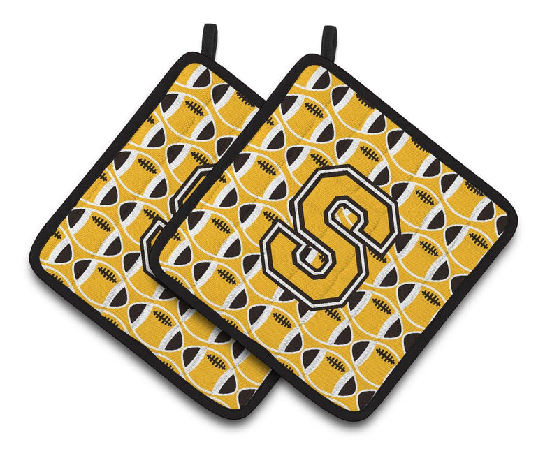 "Letter S Football Black, Old Gold and White Pair of Pot Holders CJ1080-SPTHD"