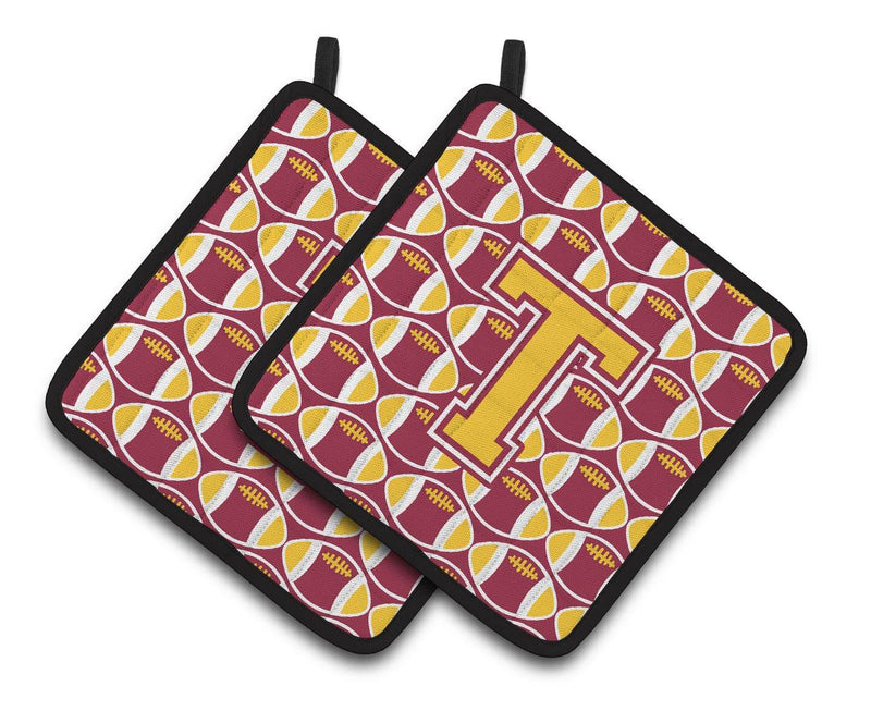 Letter T Football Maroon and Gold Pair of Pot Holders CJ1081-TPTHD