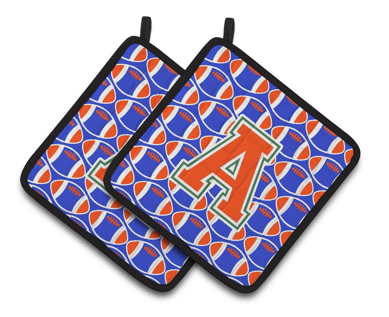 "Letter A Football Green, Blue and Orange Pair of Pot Holders CJ1083-APTHD"