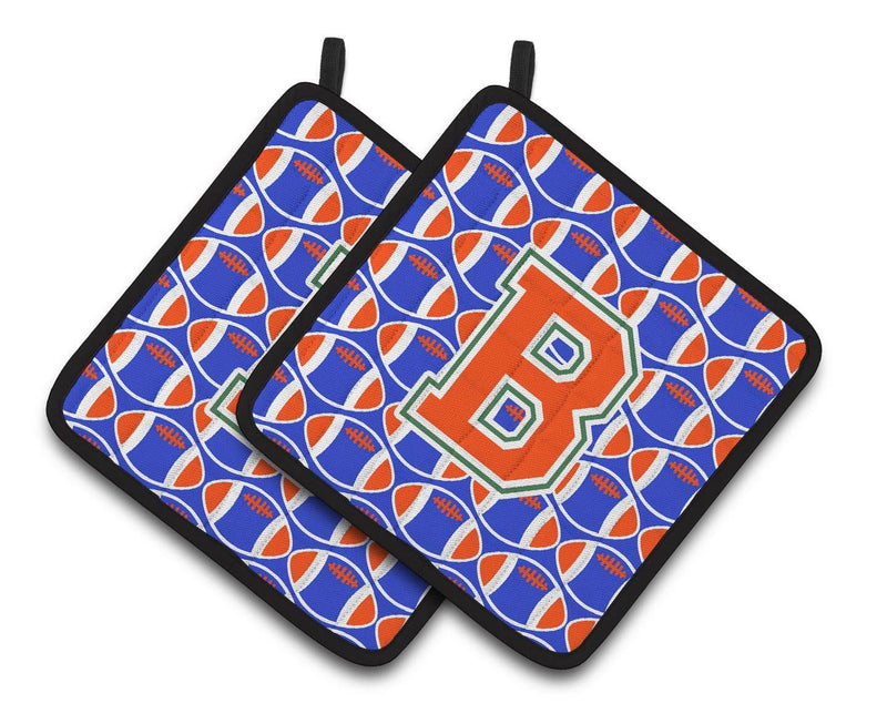 "Letter B Football Green, Blue and Orange Pair of Pot Holders CJ1083-BPTHD"