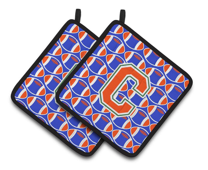 "Letter C Football Green, Blue and Orange Pair of Pot Holders CJ1083-CPTHD"