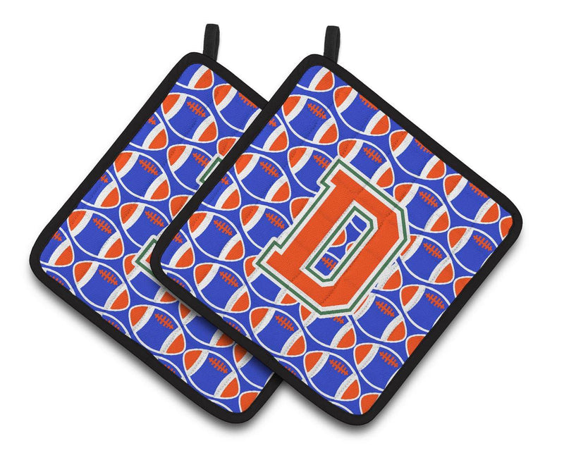 "Letter D Football Green, Blue and Orange Pair of Pot Holders CJ1083-DPTHD"