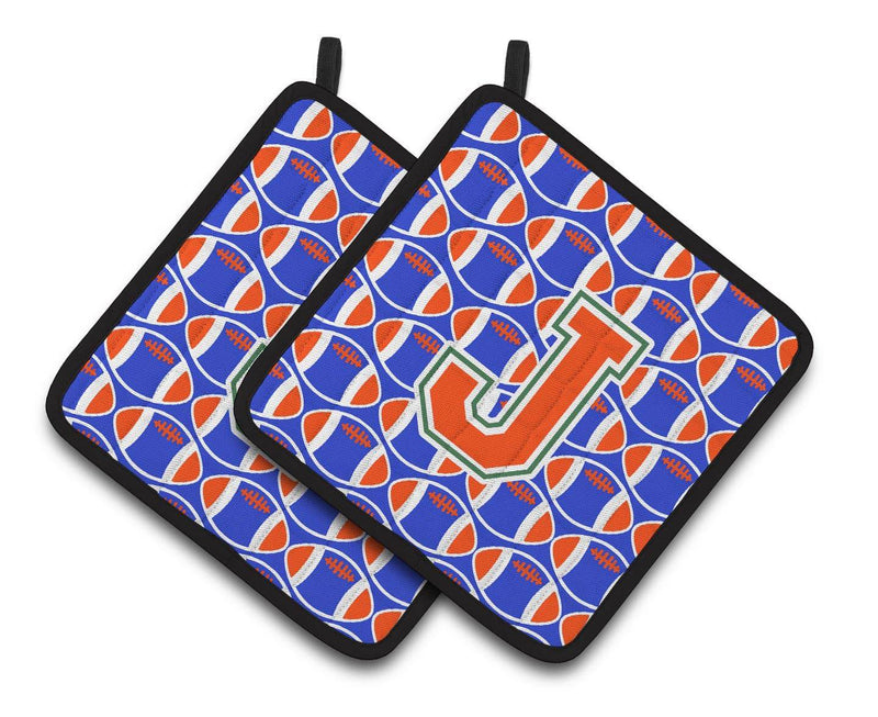 "Letter J Football Green, Blue and Orange Pair of Pot Holders CJ1083-JPTHD"