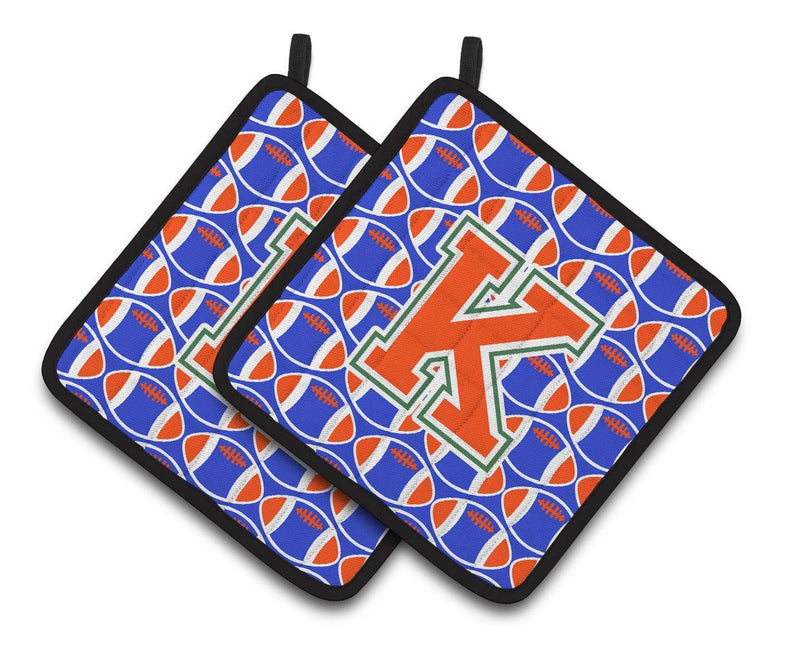 "Letter K Football Green, Blue and Orange Pair of Pot Holders CJ1083-KPTHD"