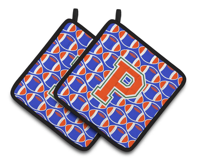 "Letter P Football Green, Blue and Orange Pair of Pot Holders CJ1083-PPTHD"