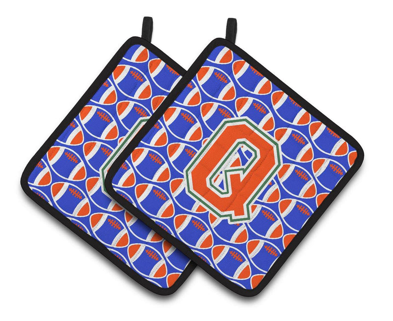 "Letter Q Football Green, Blue and Orange Pair of Pot Holders CJ1083-QPTHD"