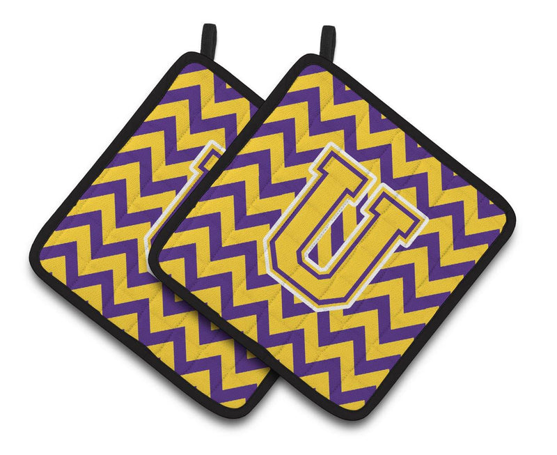 Letter U Chevron Purple and Gold Pair of Pot Holders CJ1041-UPTHD