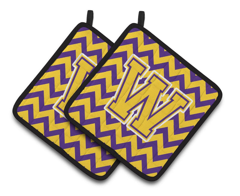 Letter W Chevron Purple and Gold Pair of Pot Holders CJ1041-WPTHD