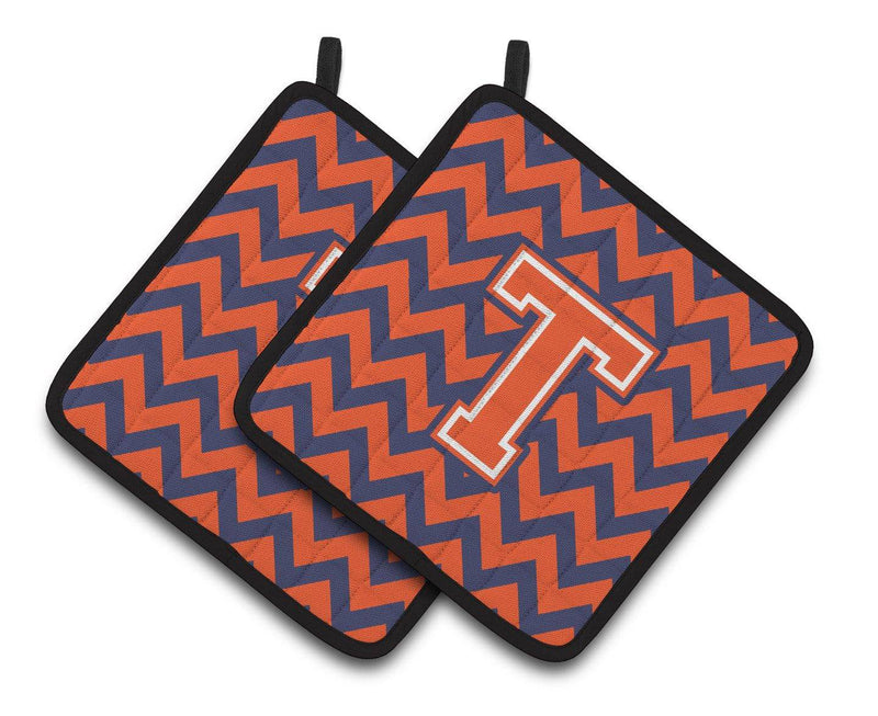 Letter T Chevron Orange and Blue Pair of Pot Holders CJ1042-TPTHD