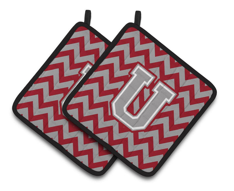 Letter U Chevron Crimson and Grey   Pair of Pot Holders CJ1043-UPTHD