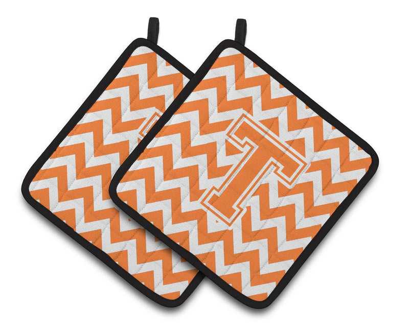 Letter T Chevron Orange and White Pair of Pot Holders CJ1046-TPTHD