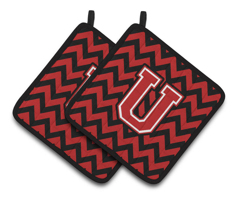 Letter U Chevron Black and Red   Pair of Pot Holders CJ1047-UPTHD