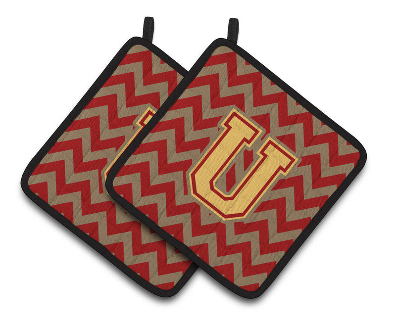 Letter U Chevron Garnet and Gold  Pair of Pot Holders CJ1048-UPTHD