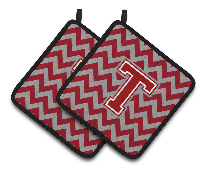 Letter T Chevron Maroon and White Pair of Pot Holders CJ1049-TPTHD