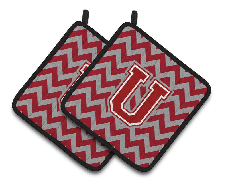 Letter U Chevron Maroon and White Pair of Pot Holders CJ1049-UPTHD