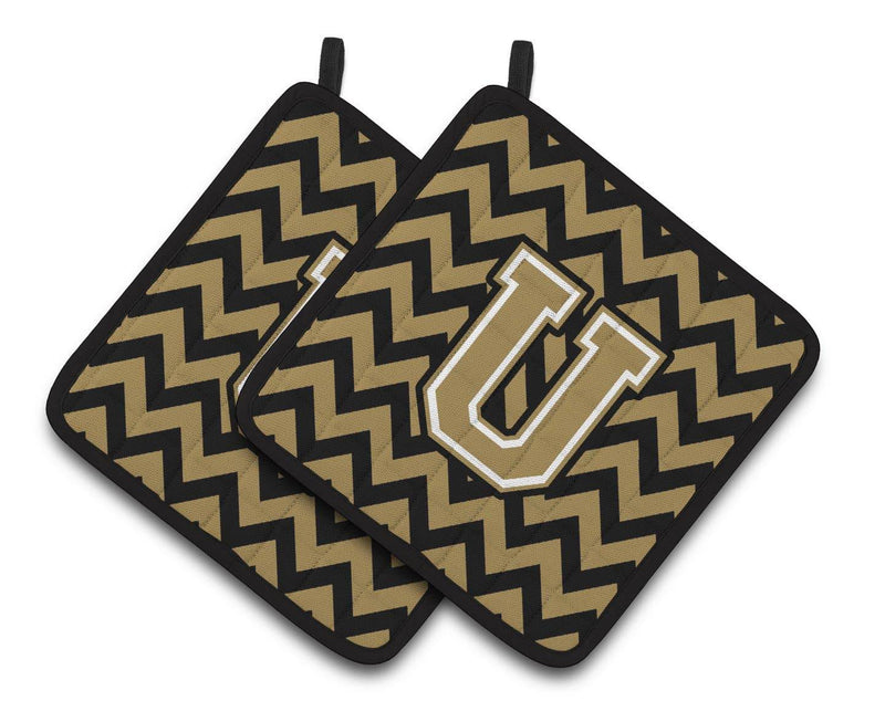 Letter U Chevron Black and Gold  Pair of Pot Holders CJ1050-UPTHD