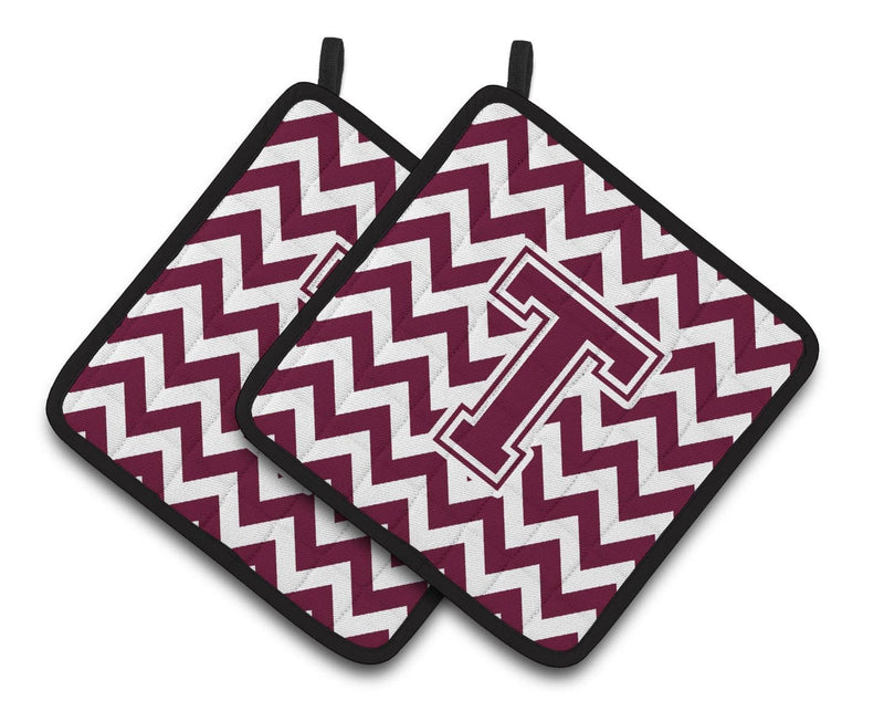 Letter T Chevron Maroon and White  Pair of Pot Holders CJ1051-TPTHD