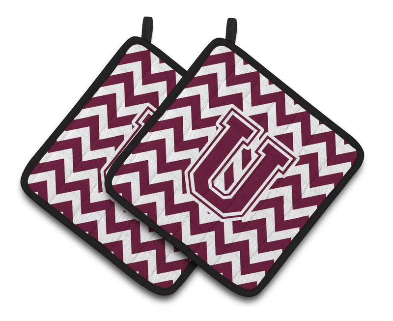 Letter U Chevron Maroon and White  Pair of Pot Holders CJ1051-UPTHD