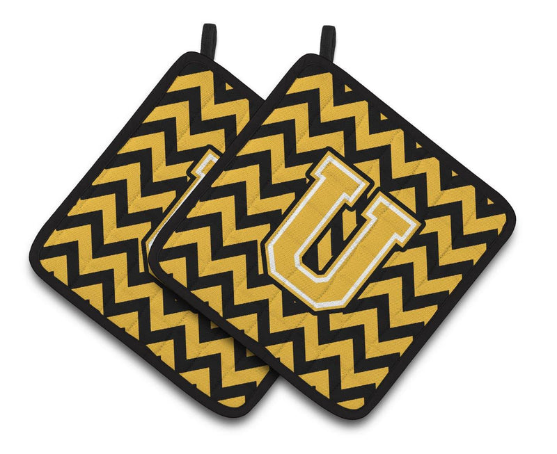 Letter U Chevron Black and Gold Pair of Pot Holders CJ1053-UPTHD