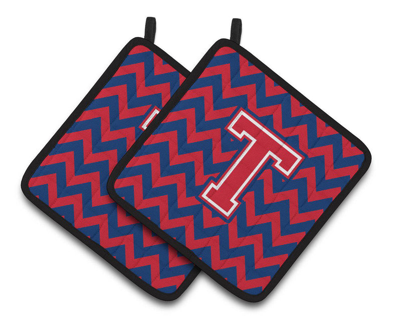 Letter T Chevron Yale Blue and Crimson Pair of Pot Holders CJ1054-TPTHD