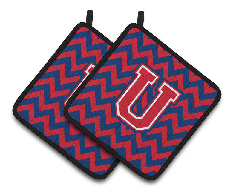 Letter U Chevron Yale Blue and Crimson Pair of Pot Holders CJ1054-UPTHD