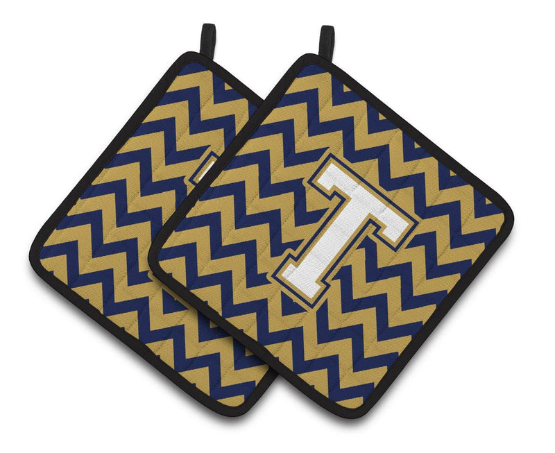 Letter T Chevron Navy Blue and Gold Pair of Pot Holders CJ1057-TPTHD