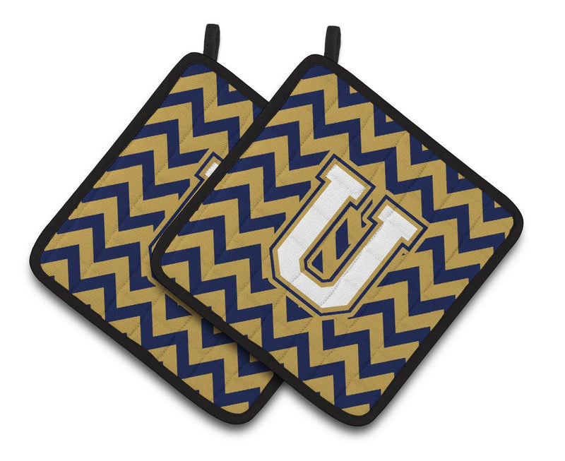 Letter U Chevron Navy Blue and Gold Pair of Pot Holders CJ1057-UPTHD