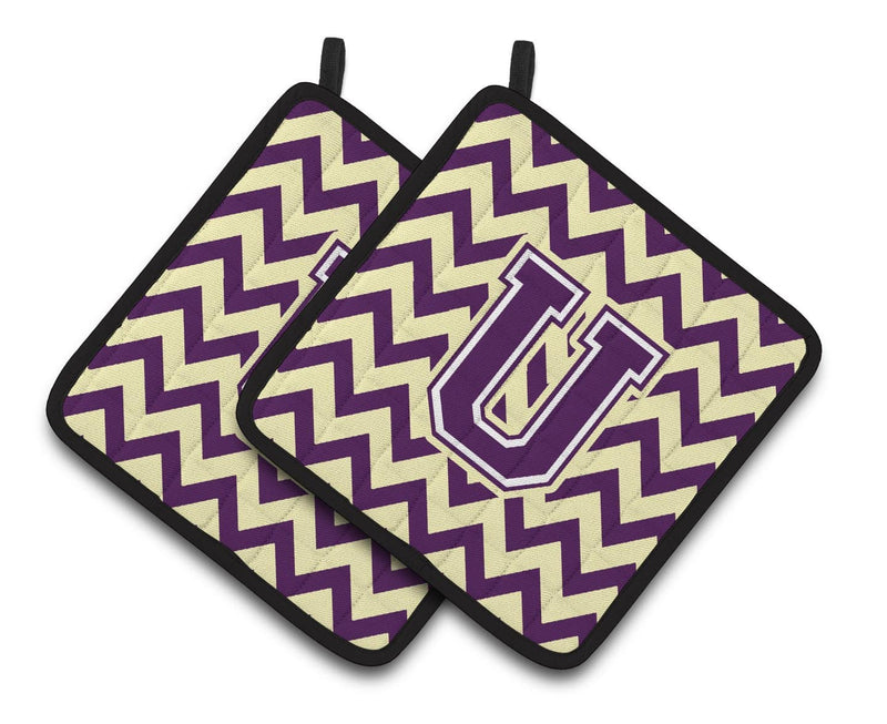 Letter U Chevron Purple and Gold Pair of Pot Holders CJ1058-UPTHD