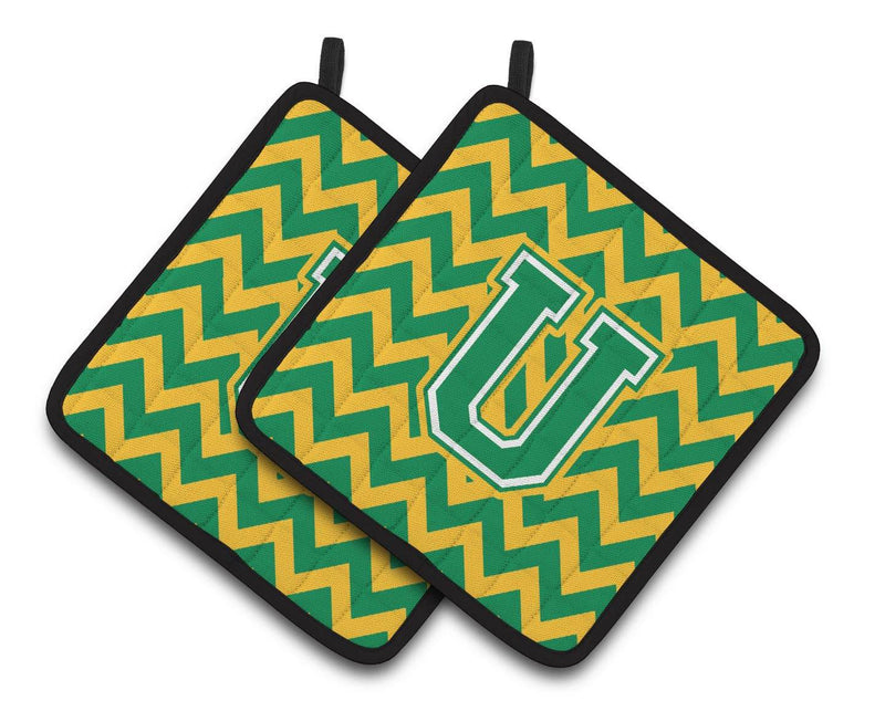 Letter U Chevron Green and Gold Pair of Pot Holders CJ1059-UPTHD