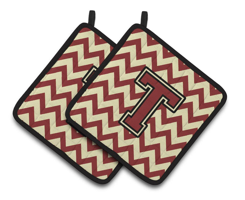 Letter T Chevron Maroon and Gold Pair of Pot Holders CJ1061-TPTHD