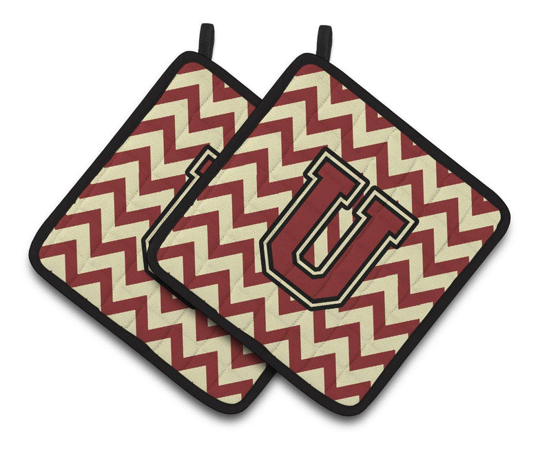 Letter U Chevron Maroon and Gold Pair of Pot Holders CJ1061-UPTHD