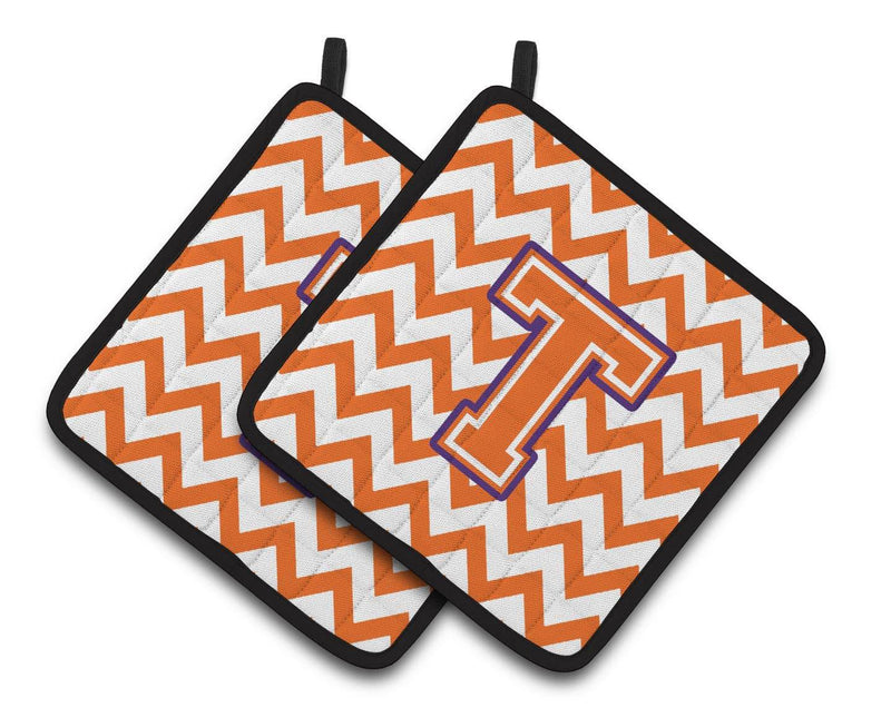 Letter T Chevron Orange and Regalia Pair of Pot Holders CJ1062-TPTHD